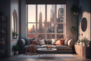 Fototapeta premium Living room interior with city view from window. generative ai