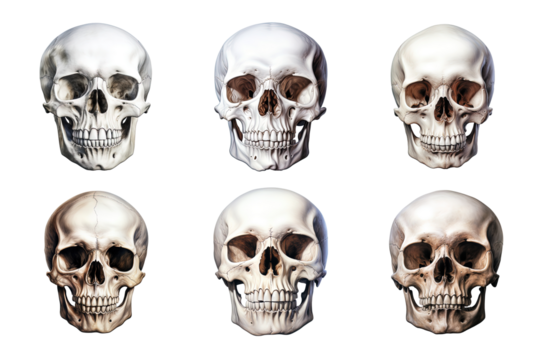 Front view of human skull collection isolated on transparent background