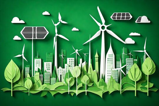 Image of a green leaf created in the paper art style, surrounded by silhouettes of trees, city buildings, windmills, and solar panels