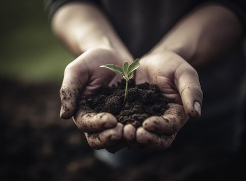 Hands holding small plant in fertile soil, environmental sustainability, nurturing growth, eco-awareness concept. Closeup
