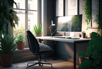 Cozy home office interior featuring furniture, houseplants and large windows to let in natural light. generative ai