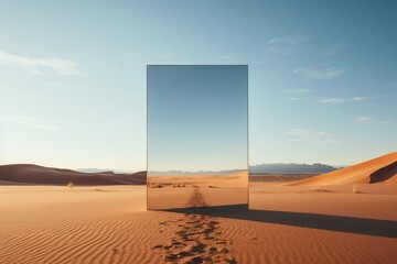 Desert landscape with sand water and square mirror under the clear blue sky. Ai Generated - obrazy, fototapety, plakaty