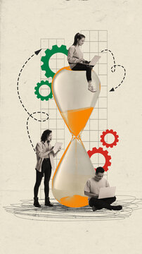 Creative collage of person with gadgets sitting on huge hourglass over background with gears and arrows.