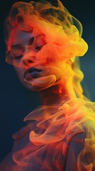 Emotive cinematic smoke woman portrait, cine still image, colorful