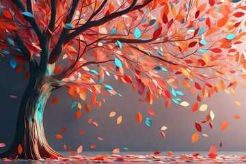 Elegant colorful tree with vibrant leaves hanging branches illustration background. Bright color 3d abstraction wallpaper for interior mural painting wall art decor 3d render illustration