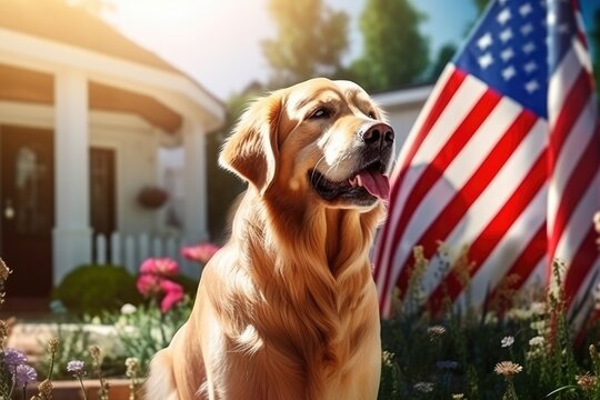 golden retriever in the yard of American house. The 4th of July