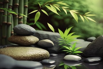 Obraz na płótnie Canvas zen stone with bamboo. Spa photo concept. generative ai