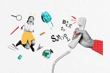 Artwork collage image of excited amazed mini black white effect girl jump big hand arm hold telephone back to school supplies