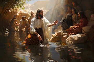 Jesus being baptized in the Jordan River, symbolizing the gateway to God's kingdom through repentance and renewal Generative AI - obrazy, fototapety, plakaty