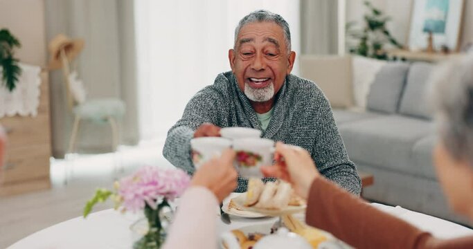 Toast, retirement and senior friends at a tea party together during a visit in a home for bonding. Smile, community and support with a group of elderly people in a living room for a social gathering