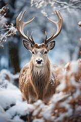 deer in a snow forest, Generative AI