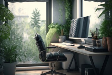 Cozy home office interior featuring furniture, houseplants and large windows to let in natural light. generative ai