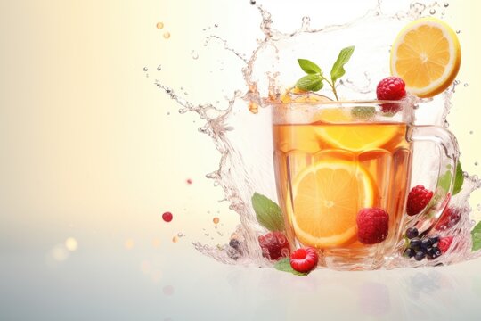 fruit tea with splash and fresh fruits on light background