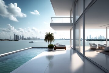 A stunning luxury condominium building stands amid the bustling city skyline, boasting a luxurious swimming pool and ornate windows. generative ai