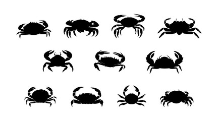 Black silhouette crab set flat cartoon isolated on white background. Vector illustration - obrazy, fototapety, plakaty