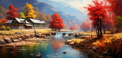 painting style illustration, Asian ancient town in Autumn time, Generative Ai