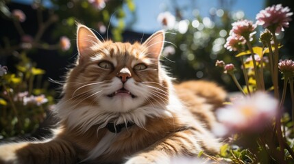 relaxed and happy cat gets pleasure basking in the spring sun