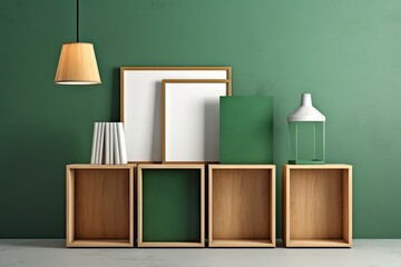 Vertical poster arts mockup illustration with wooden frames on a green wall and books. Generative AI