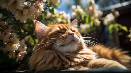 relaxed and happy cat gets pleasure basking in the spring sun