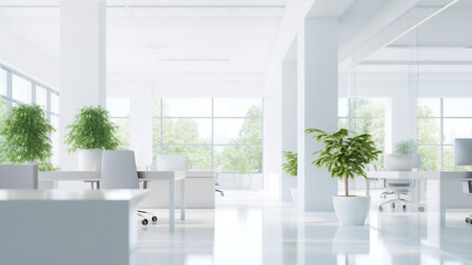 Modern Minimalist office trendy cowering space mockup architecture design indoor with computers, chairs, laptop. 