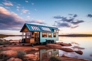 A tiny house sitting on top of a rock next to a body of water. - obrazy, fototapety, plakaty