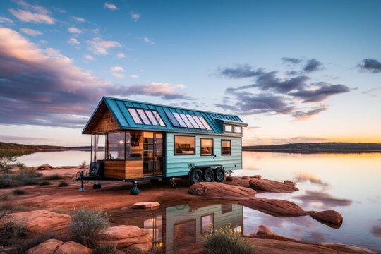 A tiny house sitting on top of a rock next to a body of water.