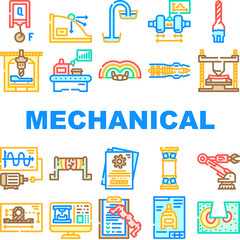 mechanical engineer industry icons set vector. technology machine, machinery work, factory blueprint, engine construction, worker mechanical engineer industry color line illustrations