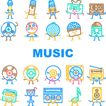 retro music party vintage icons set vector. 80s 90s disco, character style, poster flyer, smile modern, ball groovy, funky retro music party vintage color line illustrations