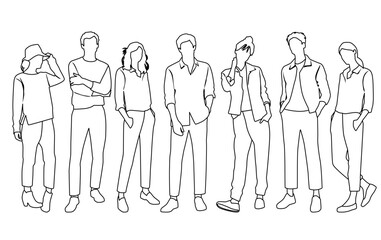 Vector silhouettes of  men and a women, a group of standing  business people,  linear sketch, black and white color isolated on white background