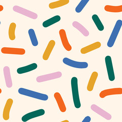 Funky abstract seamless pattern with colorful confetti or sugar sprinkles. Playful festive square template for social media. Pop art style texture. Retro vector design layout in groovy style