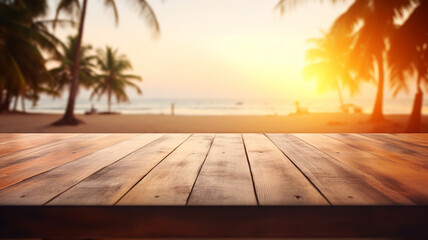 Beautiful outdoor wooden rustic empty table podium mockup product display on a beach seaside sunset ocean view.