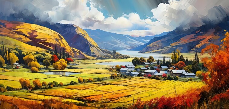 painting style illustration of hill top village in Autumn with beautiful nature landscape of snow mountain and lak, Generative ai