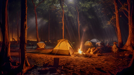 Camping in jungle, Night camping campfire, Tent camping near lake, sunset, morning in jungle
