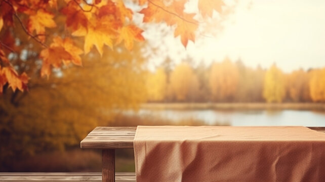 Beautiful fall autumn sunset forest woodland natural mockup wooden table empty product free space display montage.