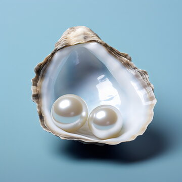 oyster shell with two large pearls inside isolated on plain blue studio background