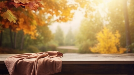 Beautiful fall autumn maple leaves sunset forest woodland natural mockup wooden table empty product free space display montage.