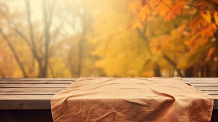 Beautiful fall autumn sunset forest woodland natural mockup wooden table cloth empty blank plank product free space display montage copy space banner.