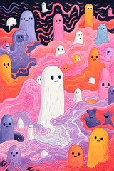 cute halloween ghosts in pastel stylized modern zine illustration