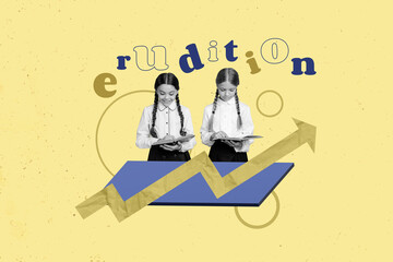 Creative illustration collage of two small academic diligent girls reading books improve their erudition isolated on yellow background
