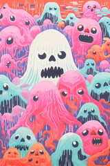 Obraz premium cute halloween ghosts in pastel stylized modern zine illustration