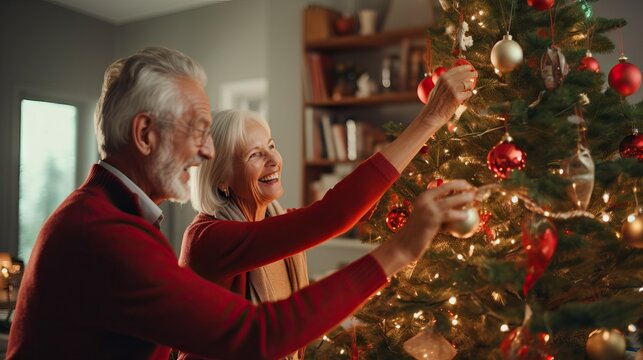 Mature senior happy couple decorating Christmas tree at home,celebrating winter holidays together