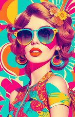 Fototapeta premium Woman wearing a trendy dress and sunglasses Pop art style summer vibes - Generative Ai