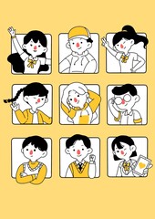 Yellow-themed Set of Drawings with People in Various Postures