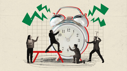 Creative collage of young workers start work raise big huge clock over painting background. Work...