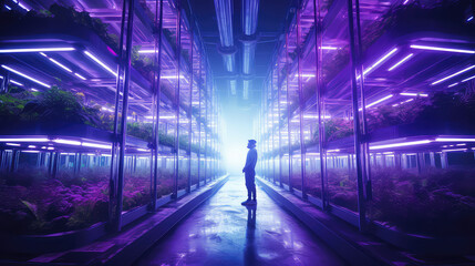 One - point perspective, Hydroponic vertical grow rack indoor farming, multiple rows and columns, growing lettuces and tomatoes, violet LED glow lights. Industrial Plant Cultivation.