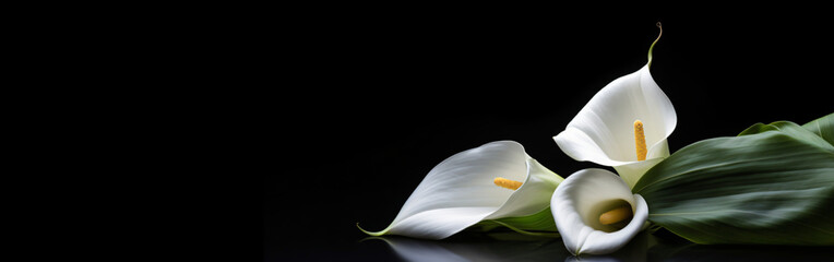 Flaming candles and calla lilies on a dark backdrop, providing ample text space. Conceptual representation of a memorial service.