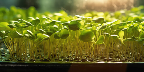 Close-up of green microgreens in a tray of soil. Growing microgreen at home. Cultivation of plants.