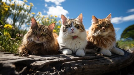 Obraz premium 3 cats, 3 colors, 3 breeds Relax and be happy, bask in the spring sun.