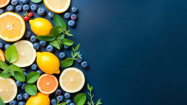 Summer background featuring lemons, oranges, blueberries, and mint leaves. Ingredients for a summer lemonade. Summer theme. Flat lay, top view, copy space.

Generative AI.