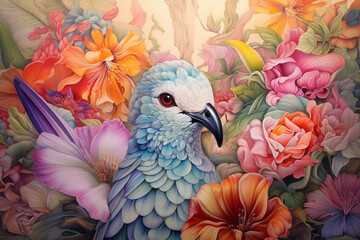 Blue bird surrounded by varioous colorful tropical flowers. The image is bright and cheerful. 